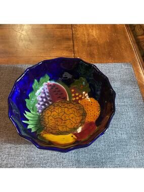 Talavara Mexican Pottery Cobalt Scalloped Serving Bowl Summer Fruits Lead Free